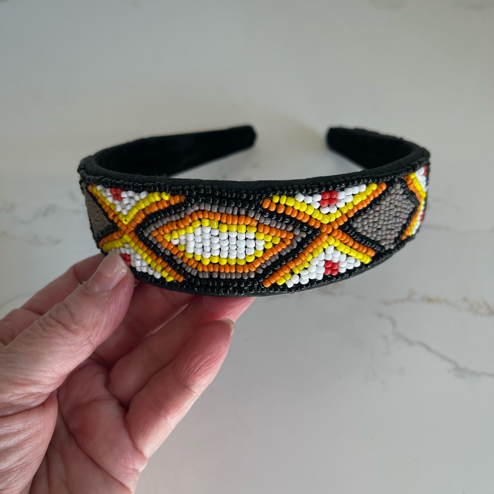 Handcrafted Beaded Headband - Black, Yellow, White